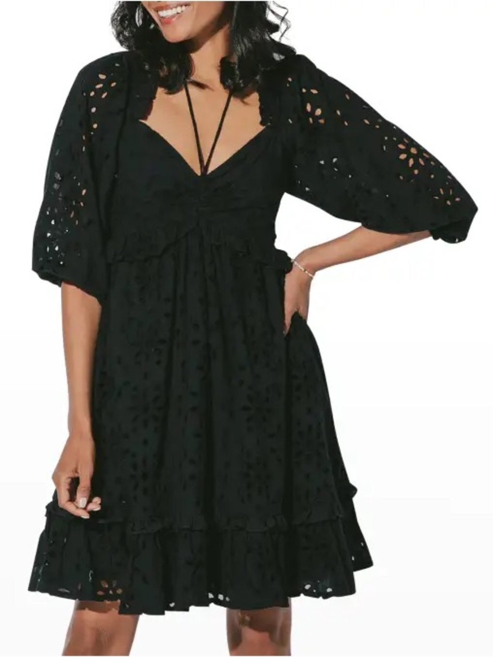 Cleobella Black Puff-Sleeve Eyelet Mini Dress from Tuckernuck